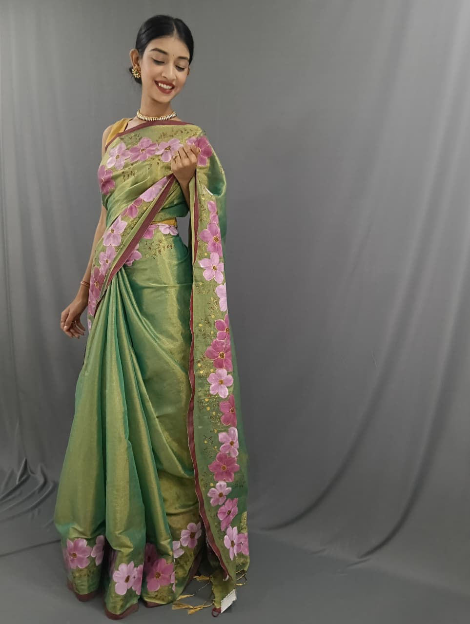 Thumbnail: Tissue Cotton Silk Saree withHandpainted Blouse Piece