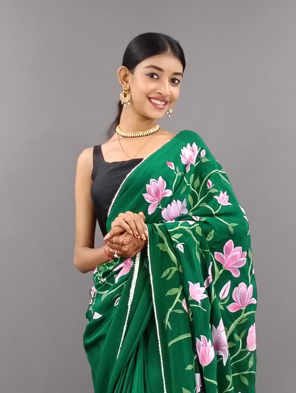 Thumbnail: Crepe Silk Saree with Floral Art
