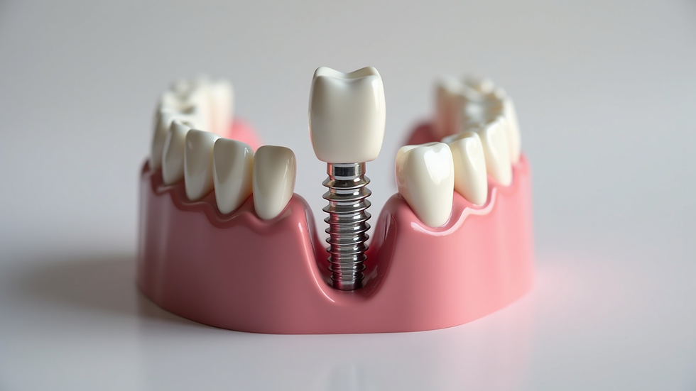 Close-up view of a dental implant model showcasing its structure