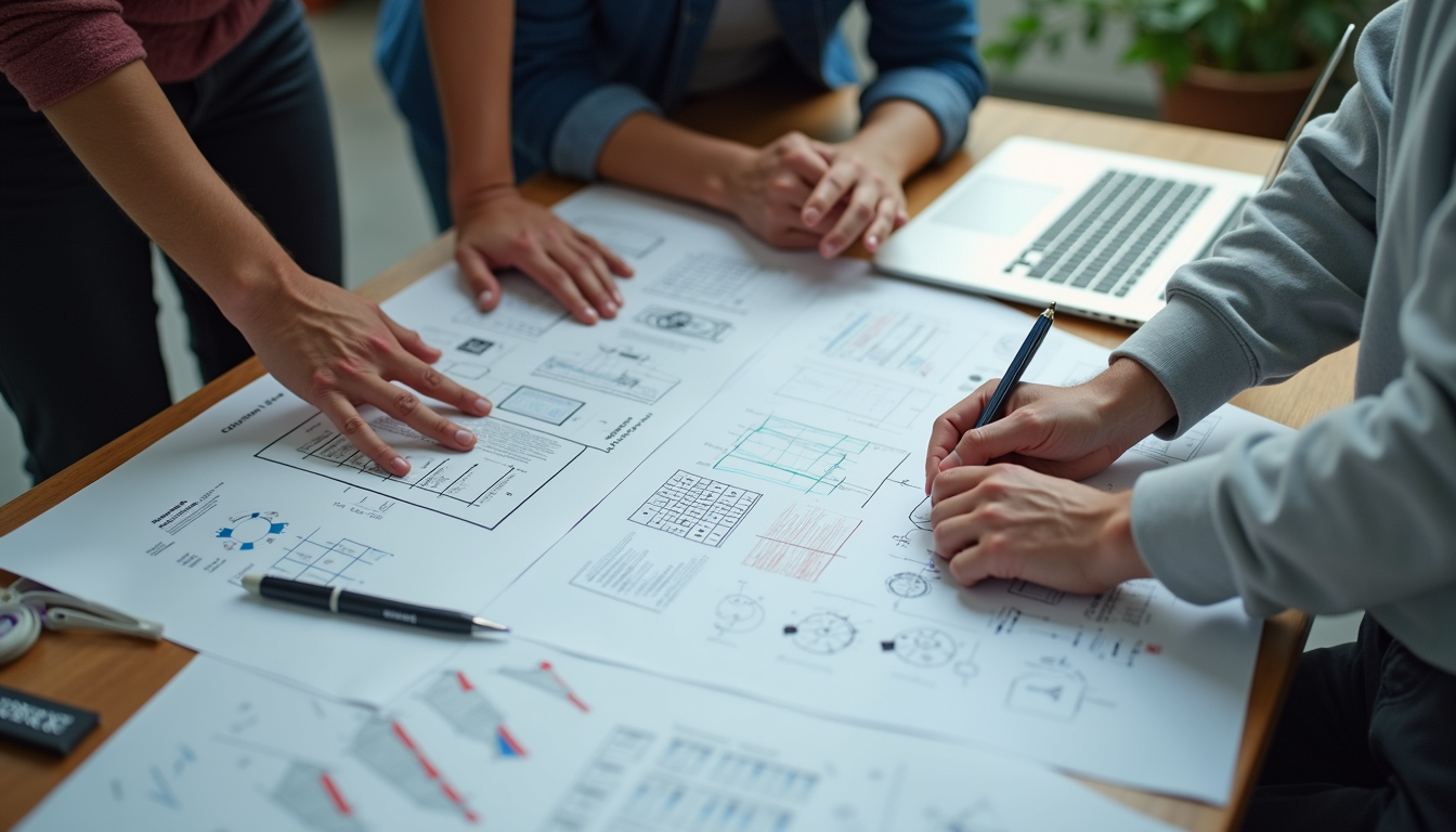 High angle view of a team collaborating over website design sketches and wireframes