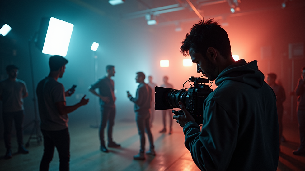 Eye-level view of a film set with cameras and lights