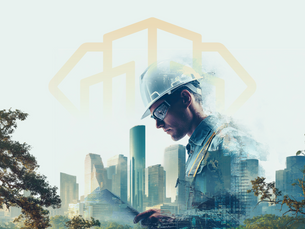 A digital artwork featuring a construction worker wearing a hard hat and holding a tablet, with a modern city skyline in the background. The image blends elements of urban architecture and nature, with trees in the foreground and geometric shapes subtly overlaid in the sky.