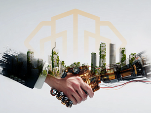 Human and robotic hands shake against a backdrop of futuristic city skyline with greenery, symbolizing technology and nature. Modern and harmonious.