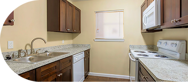Updated apartment kitchen with modern cabinets and appliances at The Pointe Apartments.