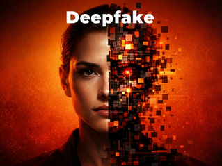 Ilustração conceitual sobre deepfake, mostrando um rosto humano dividido entre aparência real e estrutura digital fragmentada, simbolizando inteligência artificial, manipulação de imagens e riscos tecnológicos.