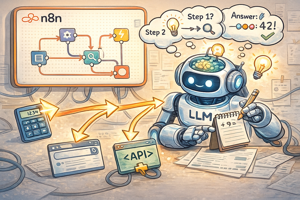 Ilustração explicando n8n: o que é a plataforma de automação de workflows low-code, mostrando um robô LLM executando etapas de raciocínio e integração com APIs, cálculos e fluxos visuais.