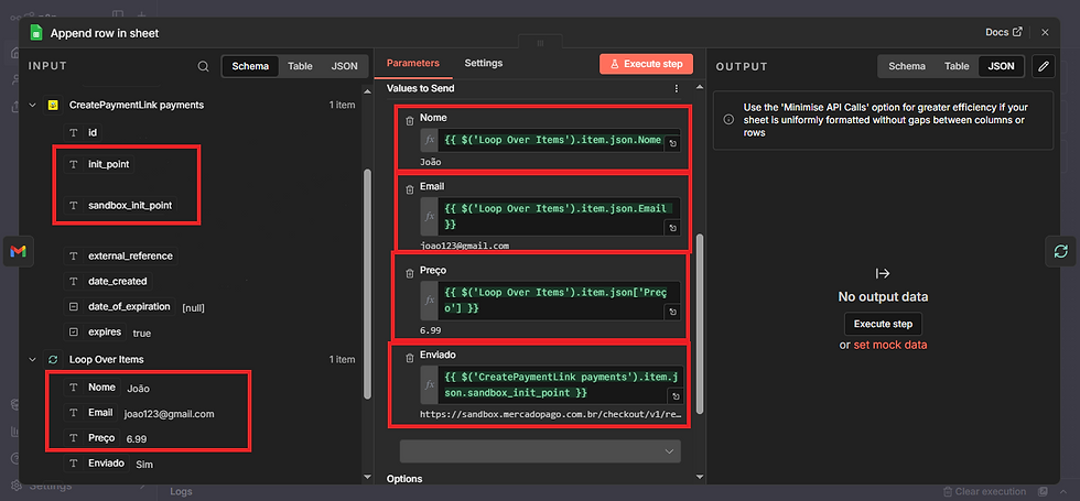 Captura de tela da configuração do node “Append row in sheet” no n8n, com destaque para os valores a serem enviados