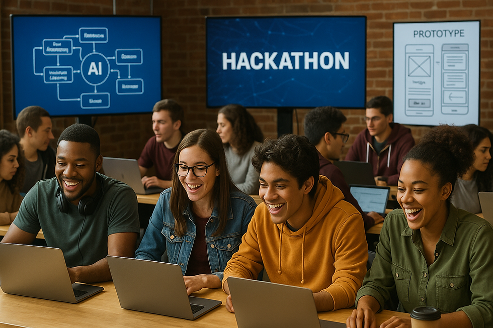 Jovens programadores participam de um hackathon colaborativo sobre inteligência artificial, trabalhando em equipe com notebooks em um ambiente moderno e inspirador. Telas ao fundo exibem os termos “AI”, “Hackathon” e “Prototype”, representando inovação, tecnologia e trabalho em grupo