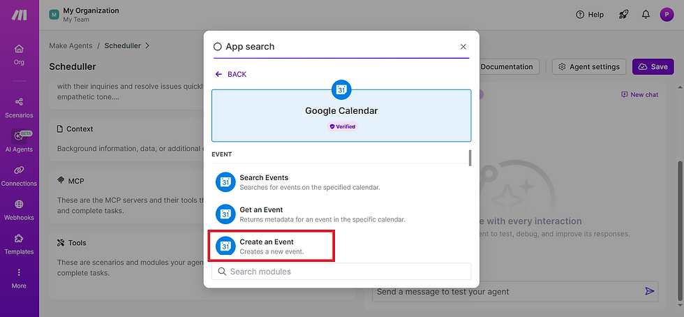 Seleção do módulo create an event para a tool google calendar no make