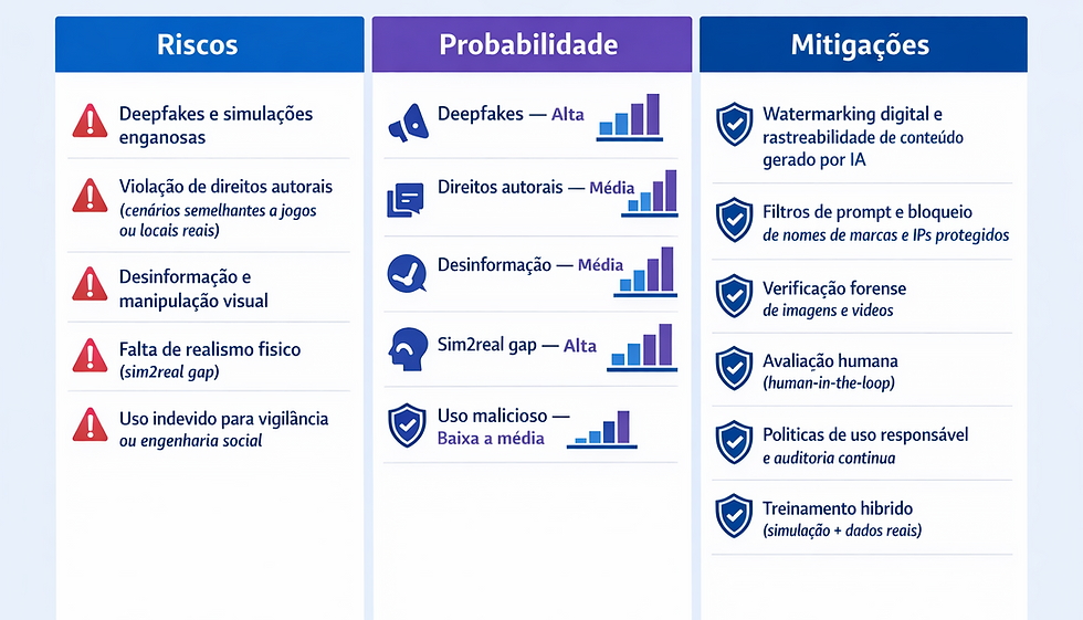 Tabela de riscos, probabilidades e mitigações do genie 3, destacando deepfakes, direitos autorais, desinformação, sim2real gap e uso indevido, com estratégias de segurança como watermarking, filtros de prompt, verificação forense, avaliação humana e políticas de uso responsável do genie 3.