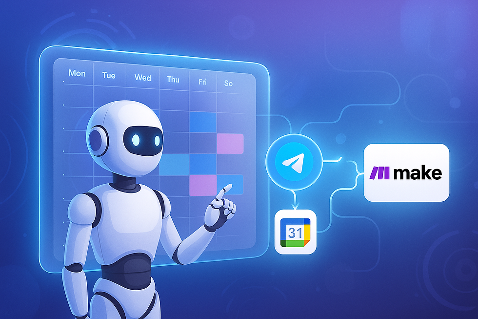Robô inteligente apontando para um calendário digital com ícones do Telegram, Google Calendar e Make IA, representando automação de tarefas e integração de ferramentas com inteligência artificial.