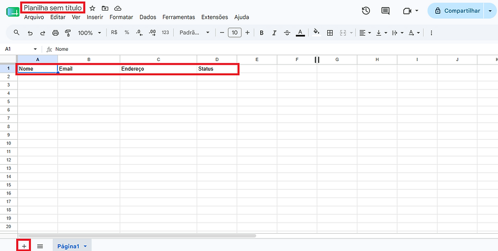 Visão de uma Planilha Google recém criada