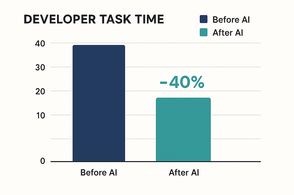Gráfico de barras mostrando como a IA para programação reduz o tempo de tarefas de desenvolvedores: antes da IA o tempo é alto, e após a IA há uma redução de 40% no esforço.