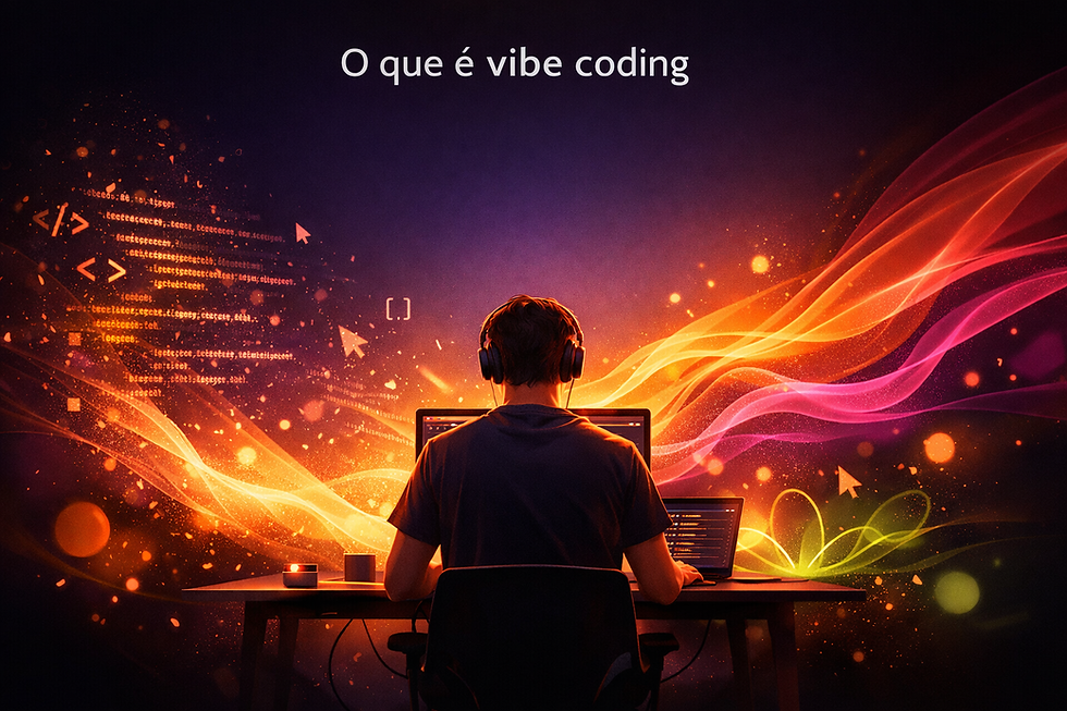 Ilustração conceitual mostrando um programador em ambiente criativo e imersivo, com ondas de energia coloridas e linhas de código ao redor, representando o conceito de o que é vibe coding.
