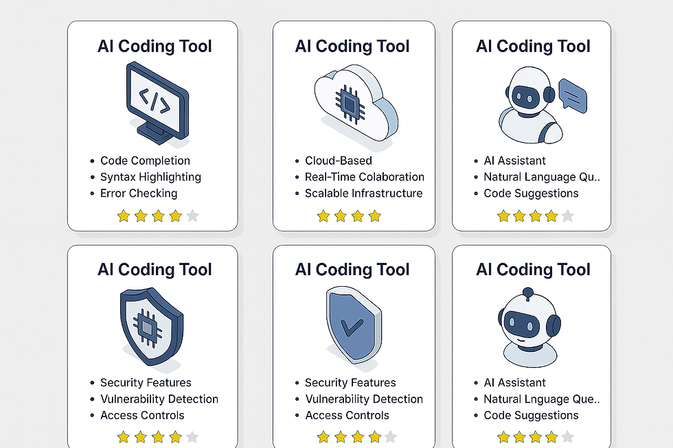 Grade de ferramentas de IA para programação mostrando cartões com recursos como autocompletar código, detecção de vulnerabilidades, colaboração em tempo real, assistentes de código baseados em IA e infraestrutura escalável, cada um com ícones ilustrativos e avaliações por estrelas.