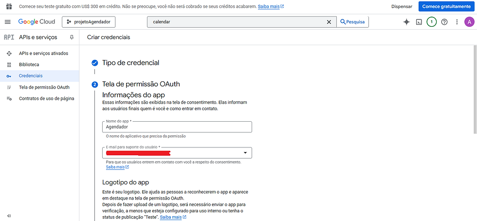 Tela do Google Cloud mostrando a configuração da tela de permissão OAuth ao criar credenciais para um projeto, etapa essencial em como criar um agente de IA com acesso à API do Google Calendar