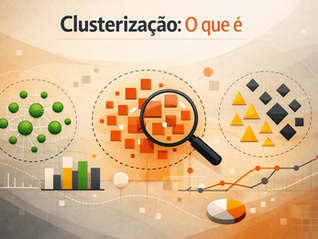 Clusterização o que é: ilustração conceitual mostrando agrupamento de dados em clusters com gráficos, formas geométricas organizadas em grupos e lupa destacando padrões, representando análise e segmentação de dados em tecnologia.