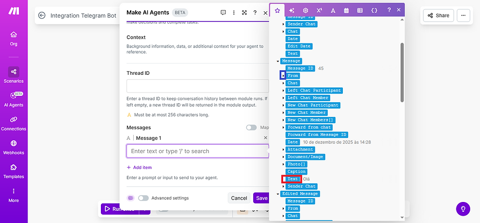 Configuração de thread ID e Message para agente de IA no make