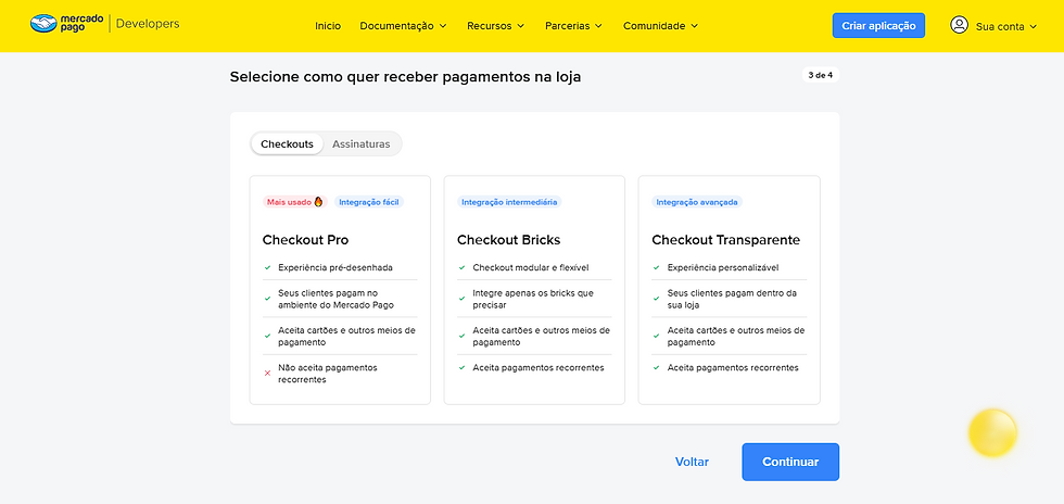 Captura de tela do Mercado Pago for Developers contendo a seleção entre as opções de checkout: Pro, Bricks e Transparente