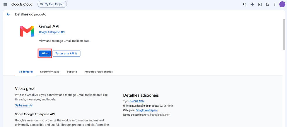 Captura de tela do Google Cloud Console, com destaque para a opção "Ativar" da Gmail API