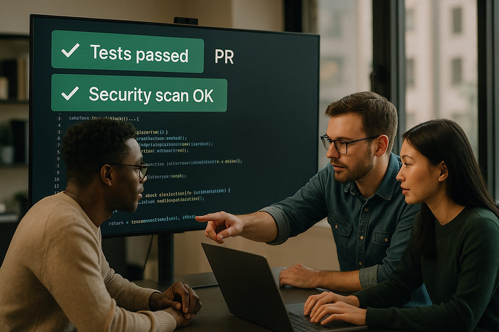 Três desenvolvedores analisando código em equipe diante de uma tela com mensagens “Tests passed” e “Security scan OK”, ilustrando processos de revisão e validação de código gerado de forma automática por ferramentas de IA como Blackbox no fluxo de desenvolvimento de software.