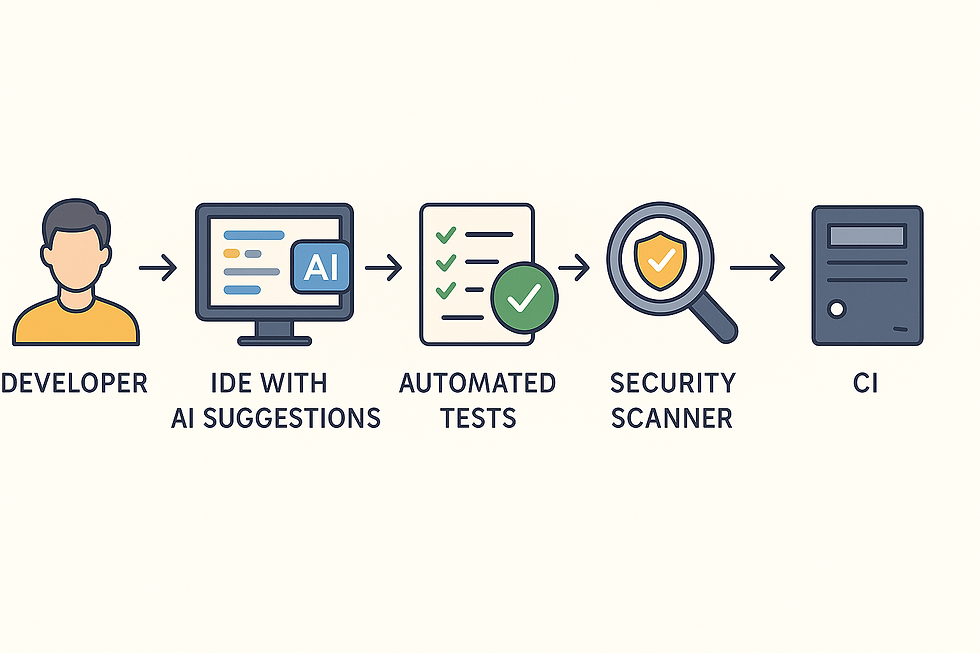 Fluxo de desenvolvimento mostrando como a IA para programação atua no pipeline: desenvolvedor envia código para uma IDE com sugestões de IA, seguido por testes automatizados, scanner de segurança e integração contínua (CI).