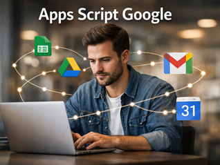Homem programando no laptop com ícones do Google Sheets, Google Drive, Gmail e Google Calendar conectados ao redor, ilustrando automações com apps script google. Imagem capa de artigo de tecnologia.