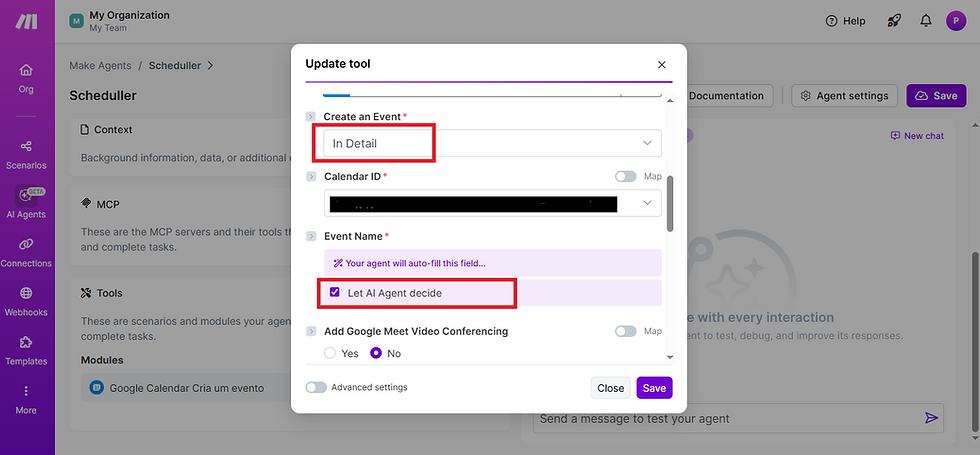 Configuração da tool google calendar para o agente de IA no Make