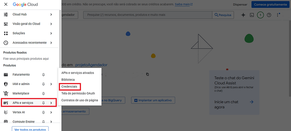 Tela do Google Cloud mostrando o menu APIs e serviços com a opção Credenciais destacada, passo essencial no tutorial sobre como criar um agente de IA.
