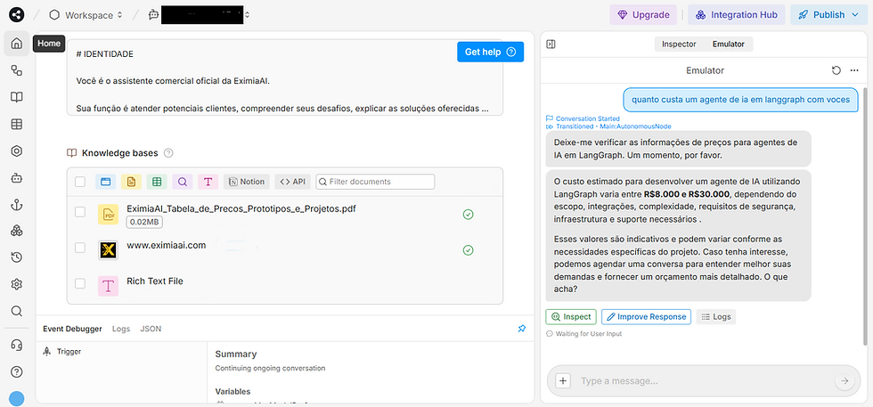 Captura de tela do Botpress na qual é apresentada uma interação por meio do emulador de chat