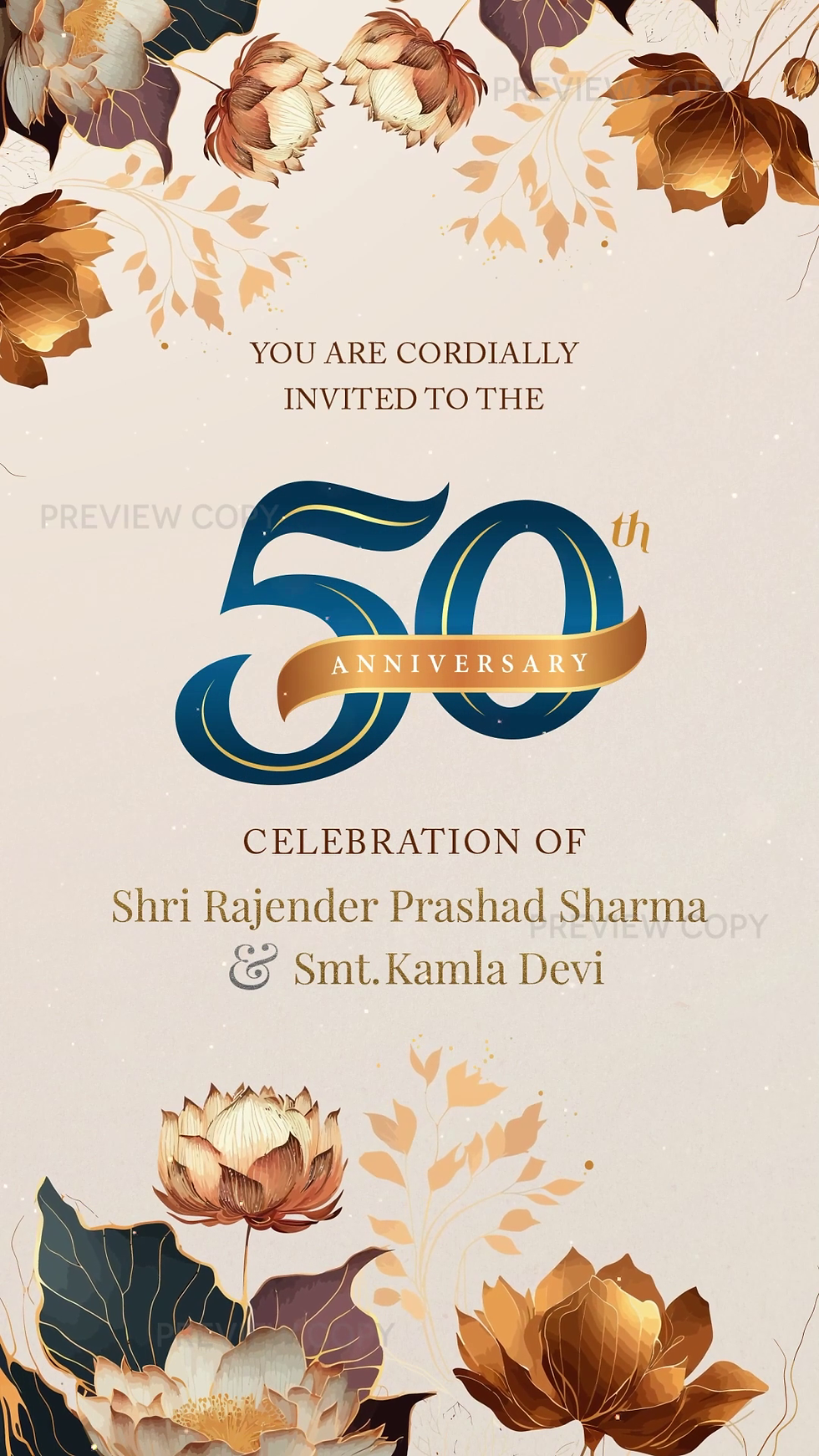 This is 50th anniversary digital invitation card with golden flowers and petals video