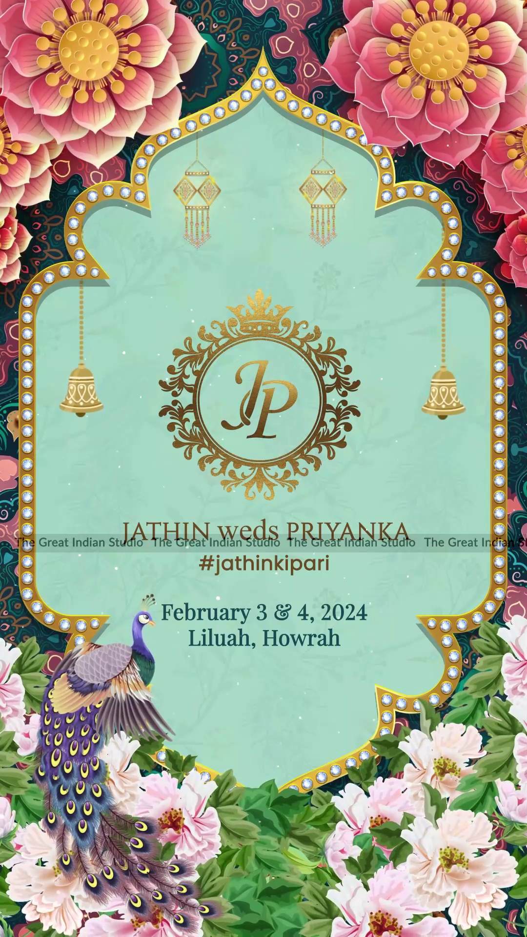 Traditional Indian floral and peacock theme digital wedding invitation card