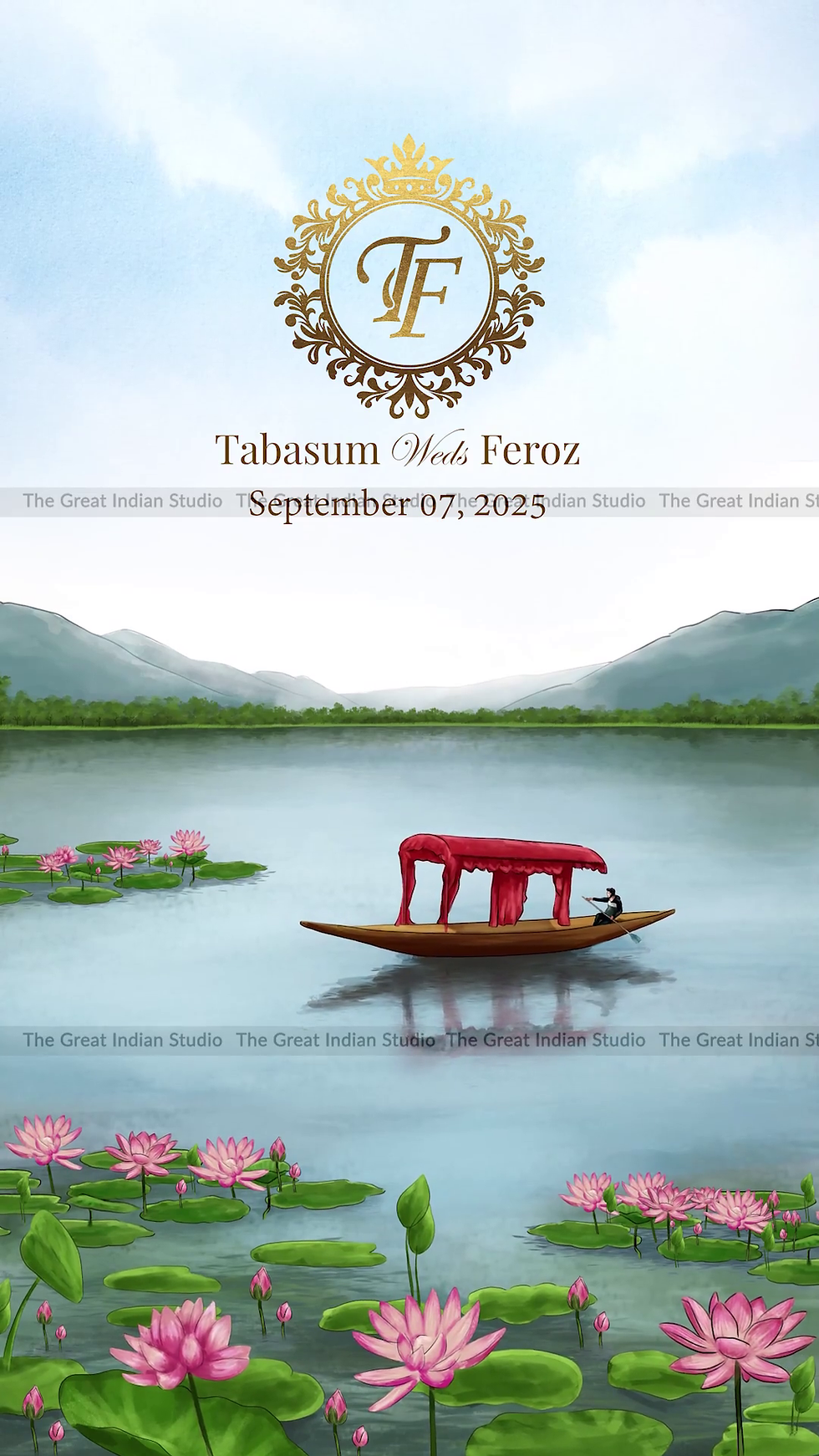 Kashmiri wedding video invitation cover — Dal Lake shikara with lotus flowers
