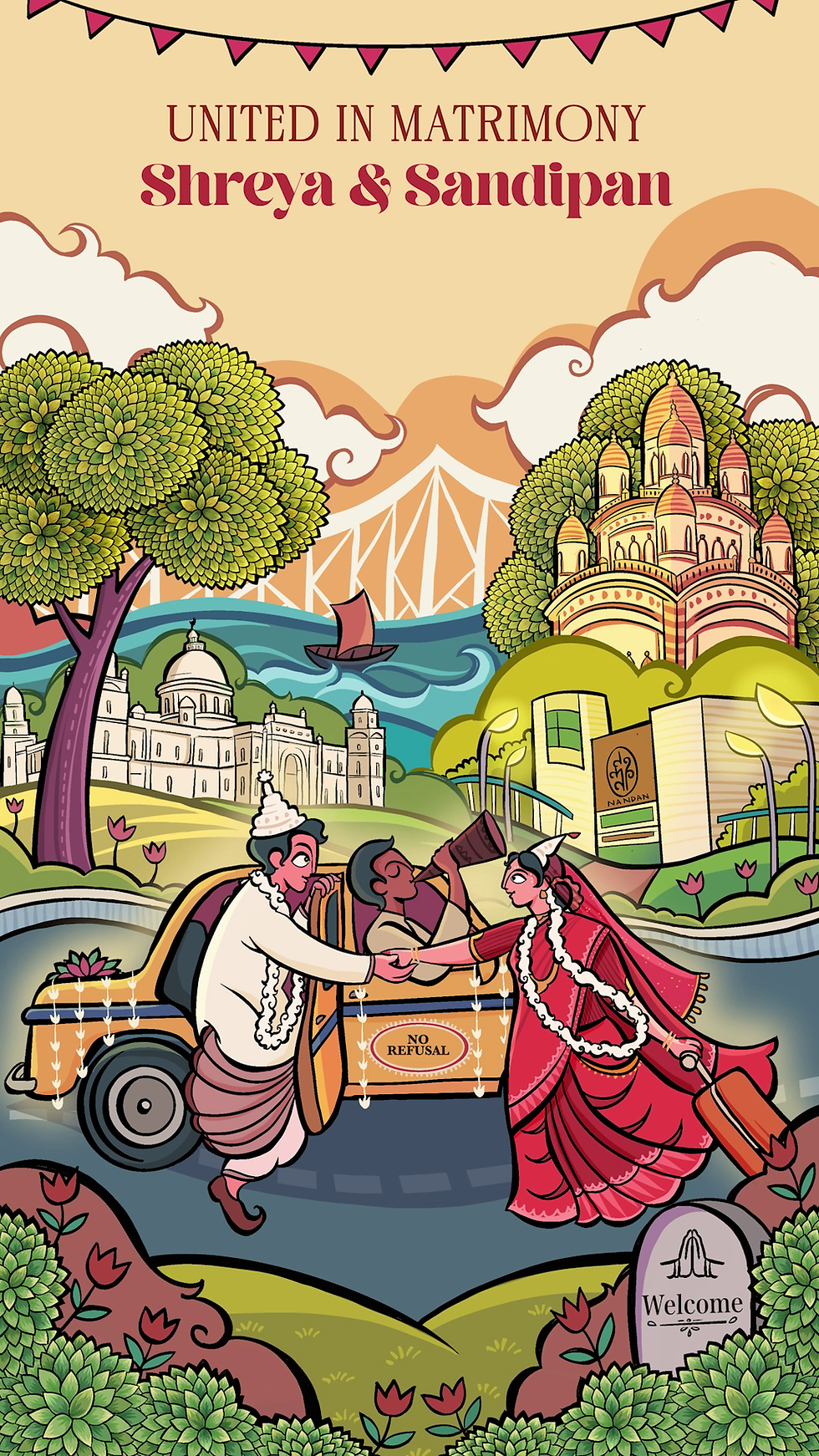Bengali Hindu wedding video invitation cover — Kolkata cityscape with Howrah Bridge, Victoria Memorial and yellow taxi