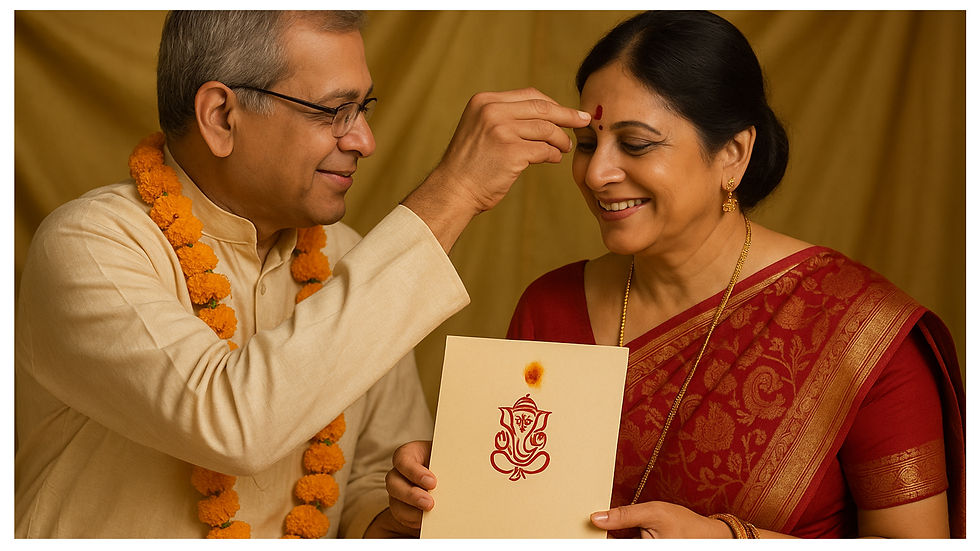 Indian Parents holding a wedding Invitation card