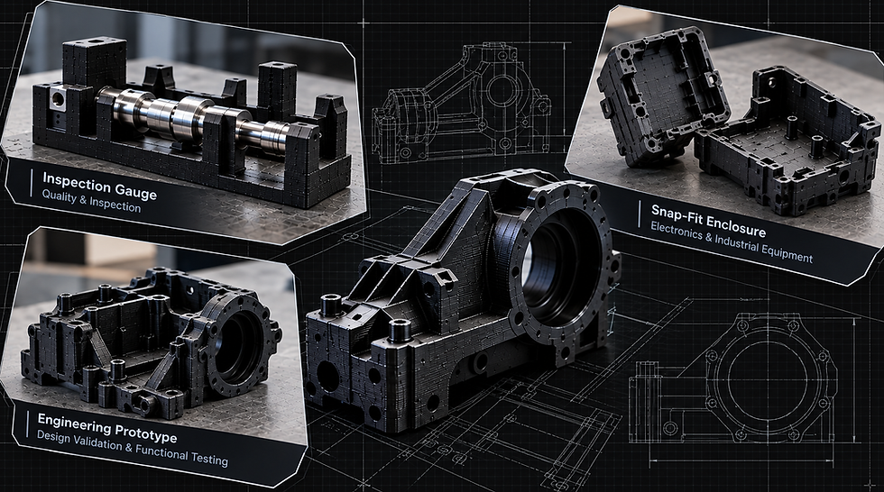 Industrial 3D printing applications showing an inspection gauge, snap-fit enclosure, engineering prototype, and functional engineering component over a CAD workspace.