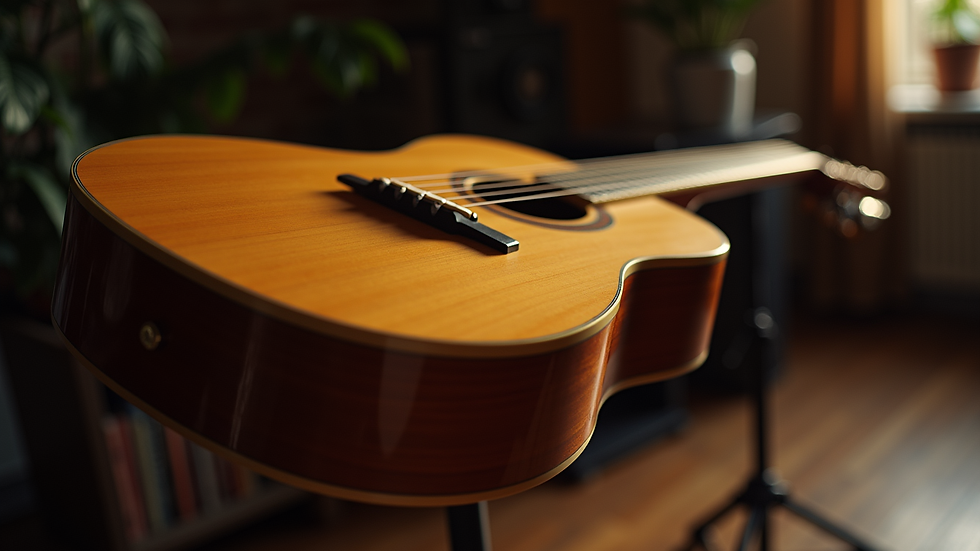 Close-up view of a guitar resting on a music stand
