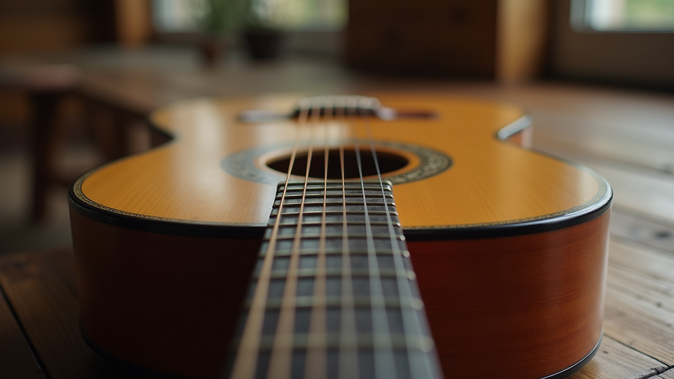 Close-up view of an acoustic guitar on a wooden surface