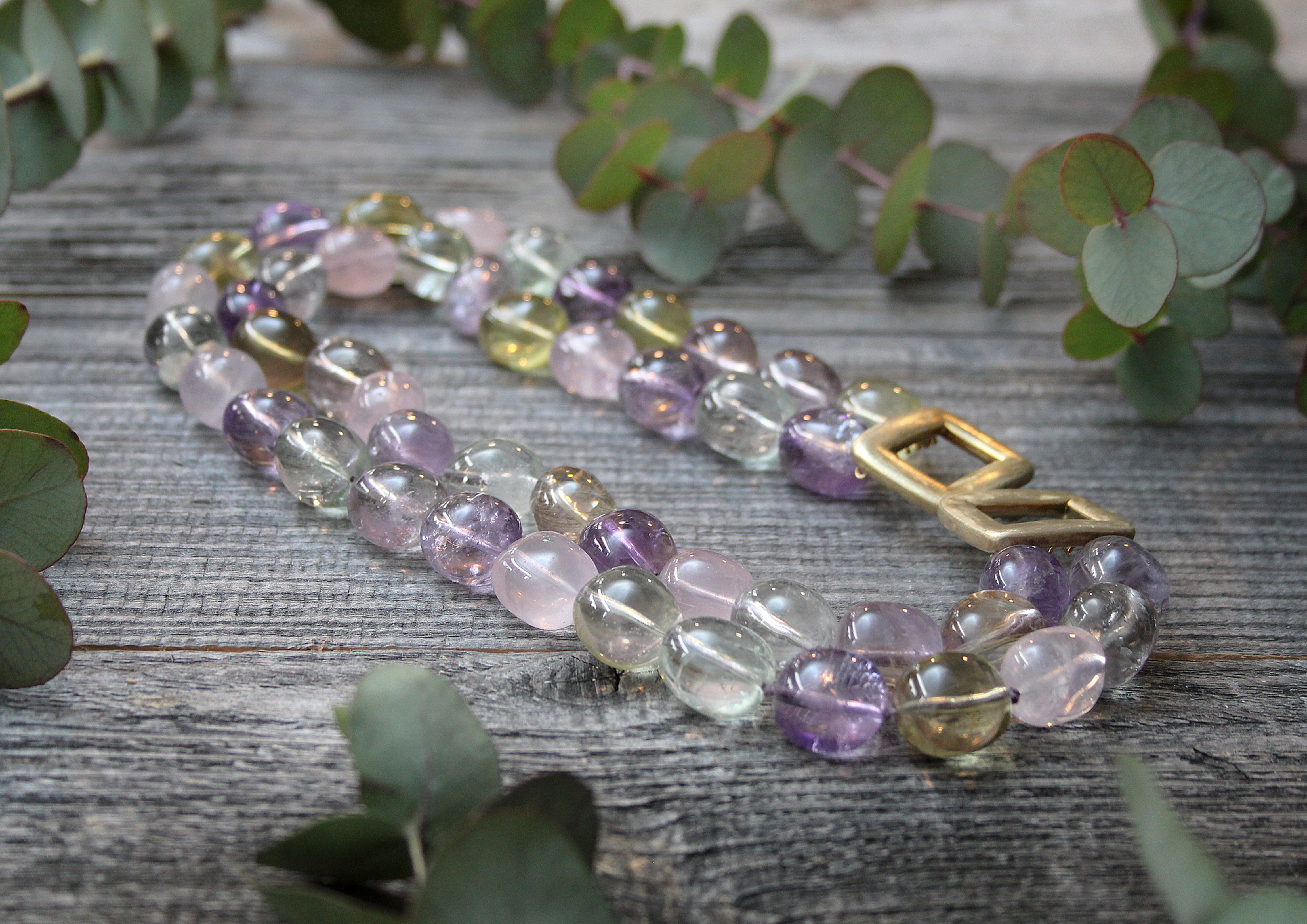 Amethyst Halskette 2-reihig mit Rosenquarz Citrin & Aquamarin