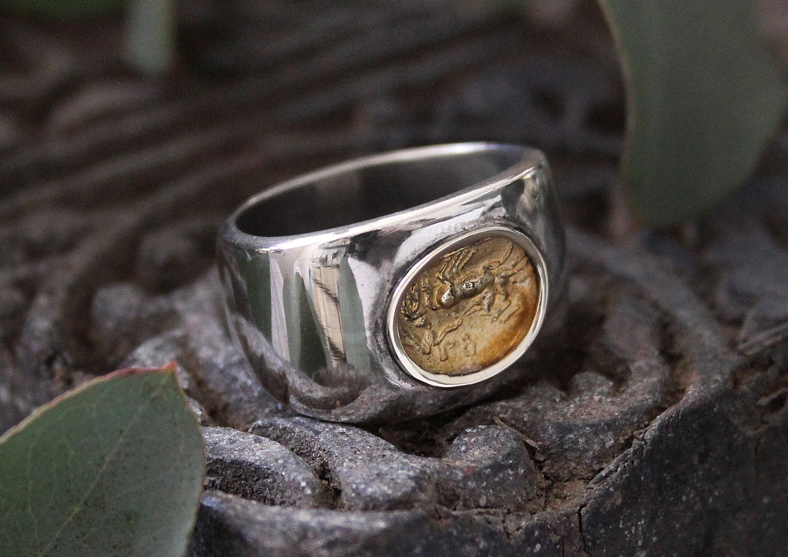 Silberring Pferd und Wagen vergoldet