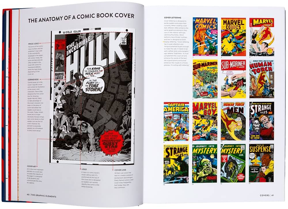 Comic book cover analysis with annotations on the left; vibrant Marvel covers on the right. Text: "The Anatomy of a Comic Book Cover."