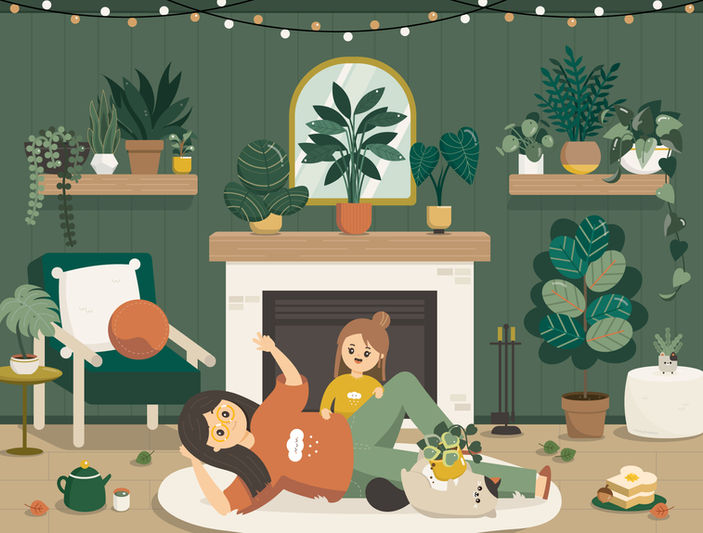 Cute vector drawing of two people hoarding houseplants