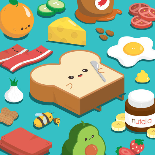 Isometric drawing of breakfast food like orange, toast, eggs, bacon