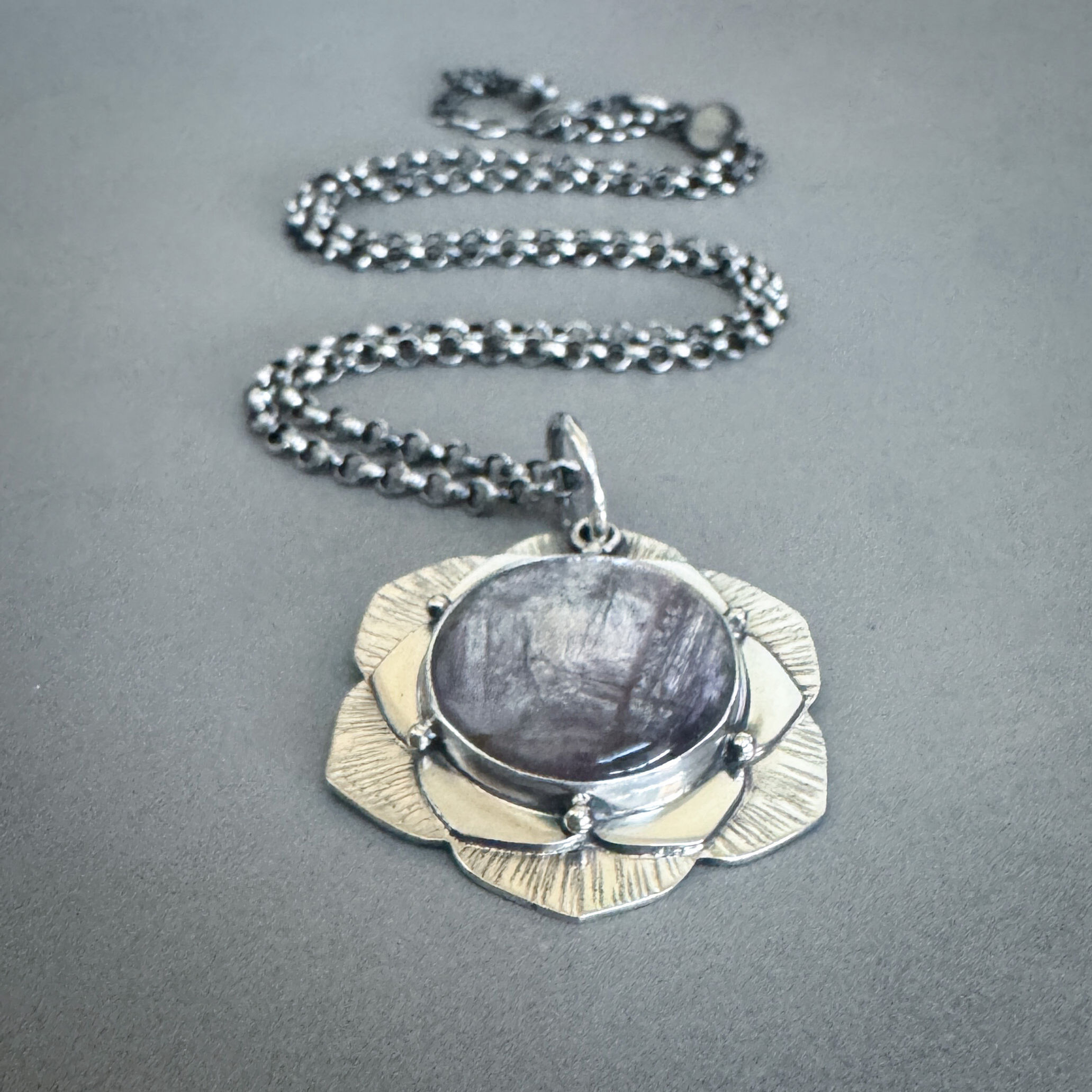 Lepidolite Mica & Sterling Silver Flower Necklace 