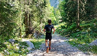 Robert Dobai running downhill through a Swiss forest, seen from behind