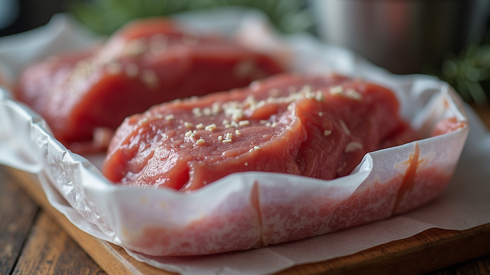 Close-up view of frozen buffalo meat products in packaging