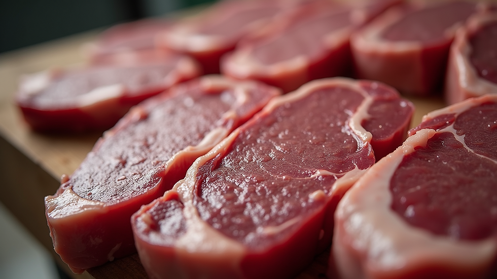 Close-up view of buffalo meat cuts displayed for export
