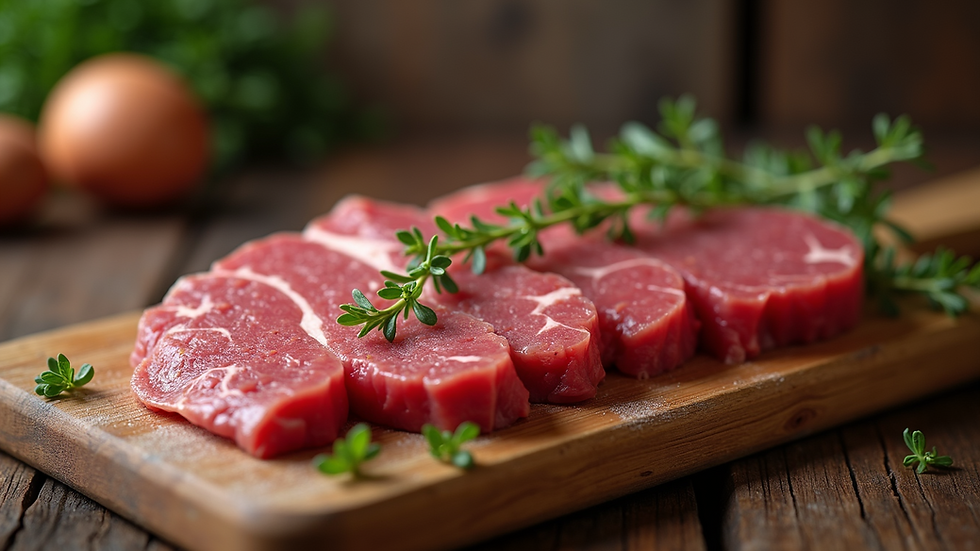 Close-up view of premium buffalo meat cuts on a wooden cutting board