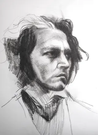 Quick charcoal sketch of Sweeney Todd as portrayed by Johnny Depp in “Sweeney Todd”, dramatic expression and bold lines.