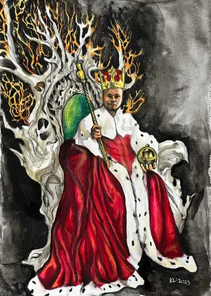 Pan Teon: Watercolour "Pan Teon" depicting Teon as sarcastic king on throne, imaginative portrait by Klaudia Wojciech in Bristol.